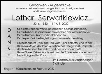 Traueranzeige von Lothar Serwatkiewicz von vrm-trauer Allgemeine  Zeitung Ingelheim-Bingen