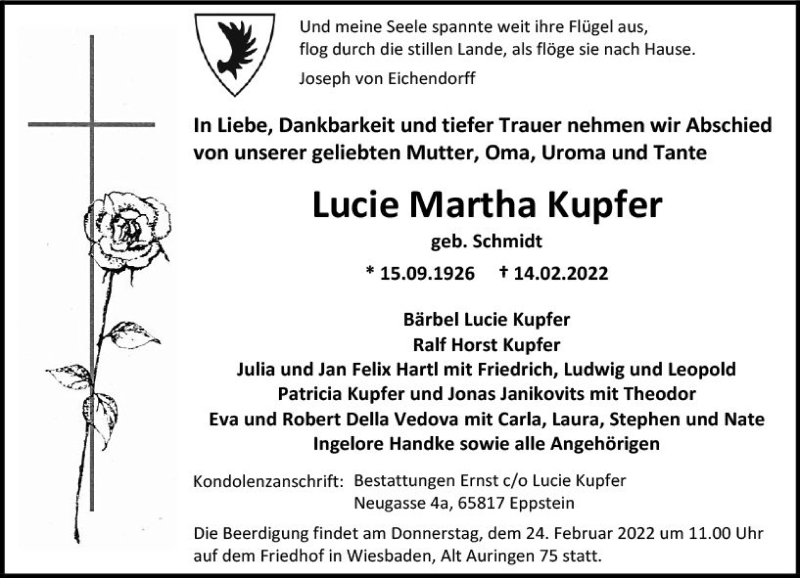  Traueranzeige für Lucie Martha Kupfer vom 19.02.2022 aus vrm-trauer Wiesbadener Kurier