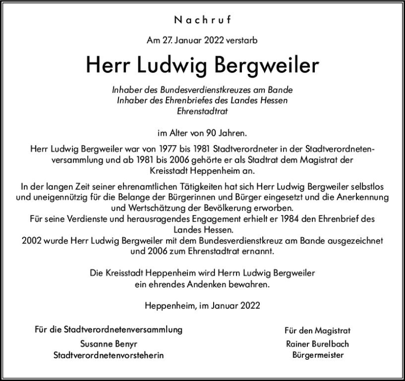  Traueranzeige für Ludwig Bergweiler vom 04.02.2022 aus vrm-trauer Bürstädter/Lamperth. Ztg/Starkenburger
