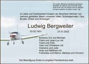 Traueranzeige von Ludwig Bergweiler von vrm-trauer Bürstädter/Lamperth. Ztg/Starkenburger