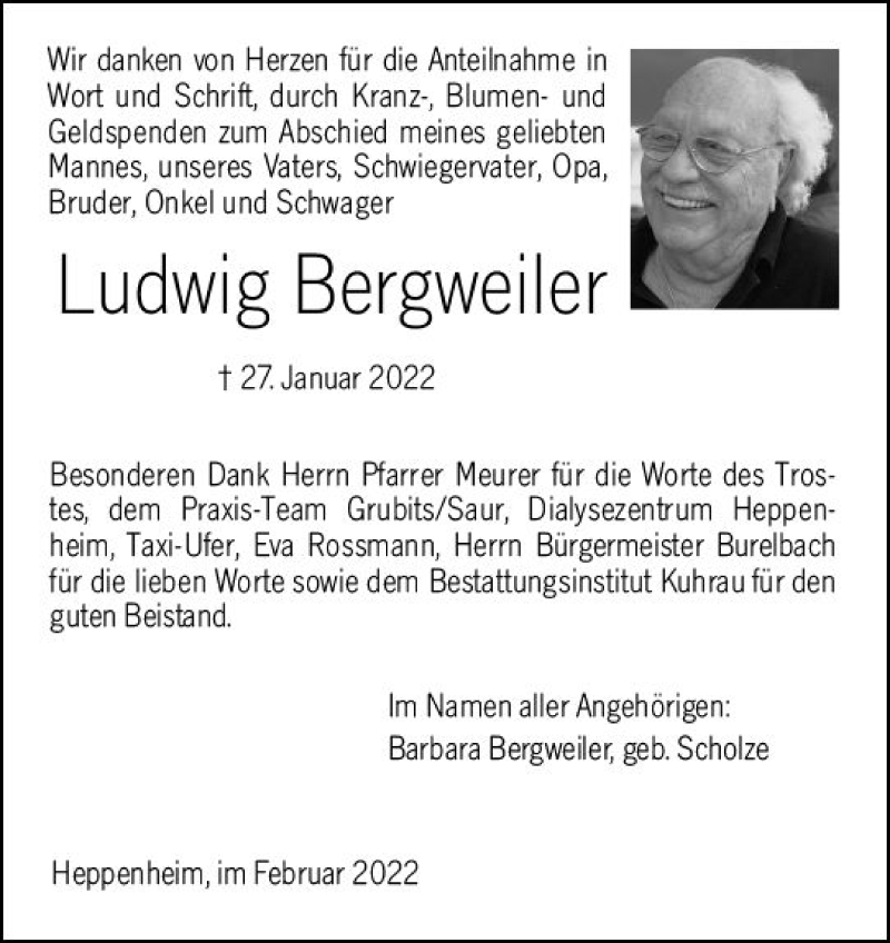  Traueranzeige für Ludwig Bergweiler vom 26.02.2022 aus vrm-trauer Darmstädter Echo