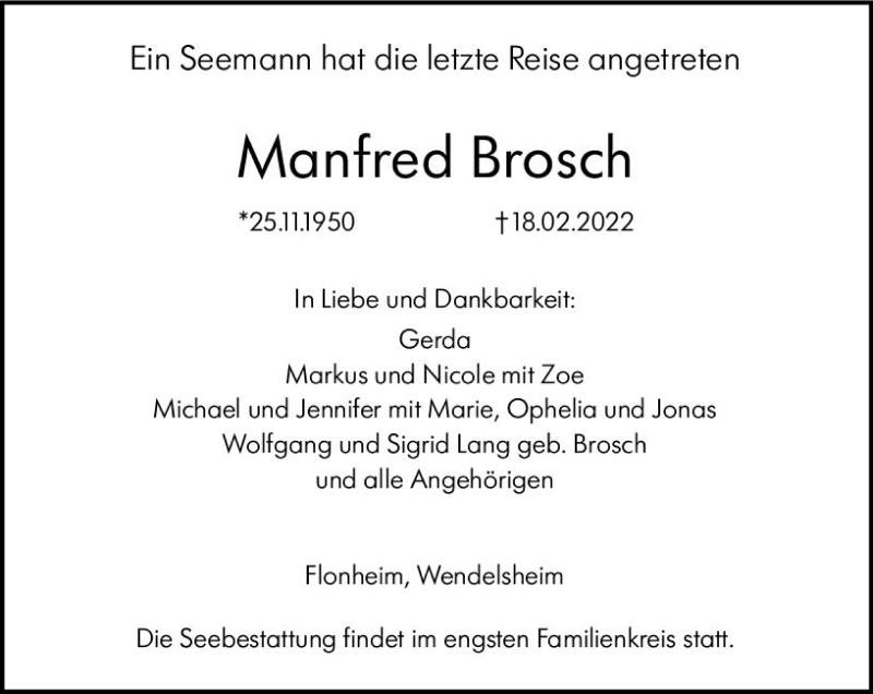  Traueranzeige für Manfred Brosch vom 26.02.2022 aus vrm-trauer Allgemeine Zeitung Alzey
