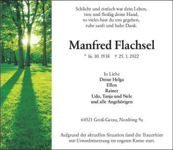 Traueranzeige von Manfred Flachsel von vrm-trauer Groß-Gerauer Echo