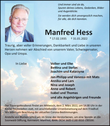 Traueranzeige von Manfred Hess von vrm-trauer Allg. Zeitung Bad Kreuznach