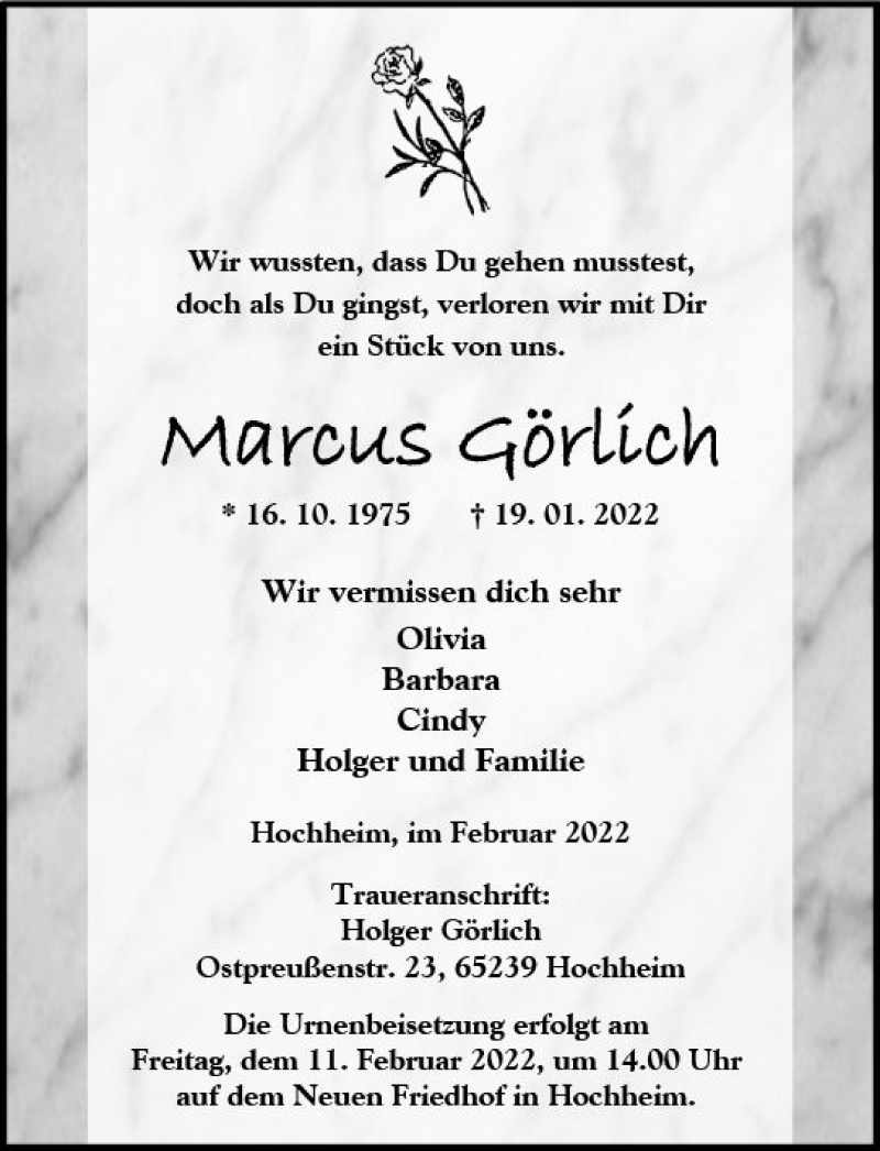  Traueranzeige für Marcus Görlich vom 04.02.2022 aus vrm-trauer Hochheimer Zeitung
