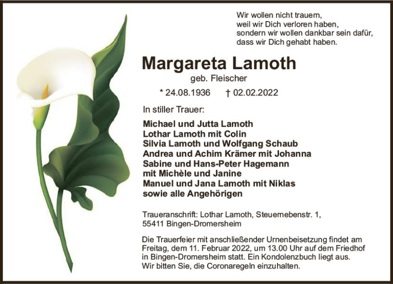  Traueranzeige für Margareta Lamoth vom 09.02.2022 aus vrm-trauer Allgemeine  Zeitung Ingelheim-Bingen