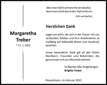 Traueranzeige von Margaretha Treber von vrm-trauer Rüsselsheimer Echo / MainSpitze