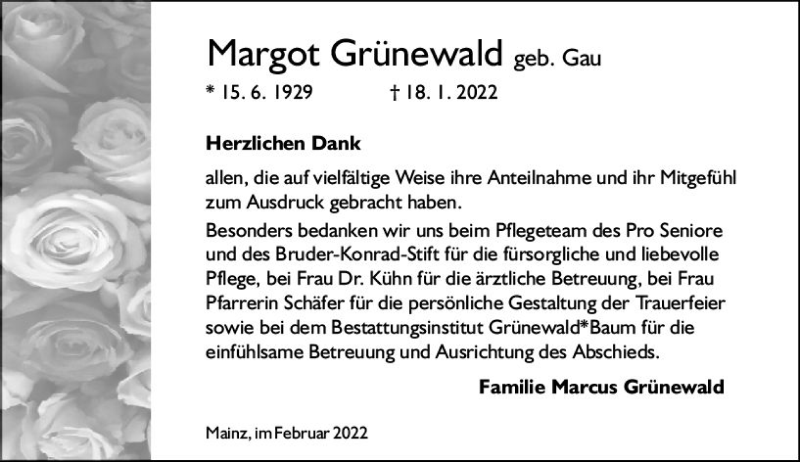  Traueranzeige für Margot Grünewald vom 19.02.2022 aus vrm-trauer AZ Mainz