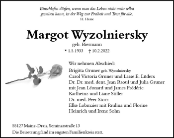 Traueranzeige von Margot Wyzolniersky von vrm-trauer AZ Mainz