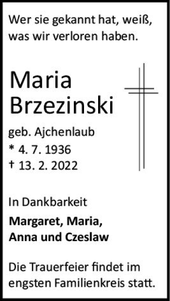 Traueranzeige von Maria Brzezinski von vrm-trauer Odenwälder Echo