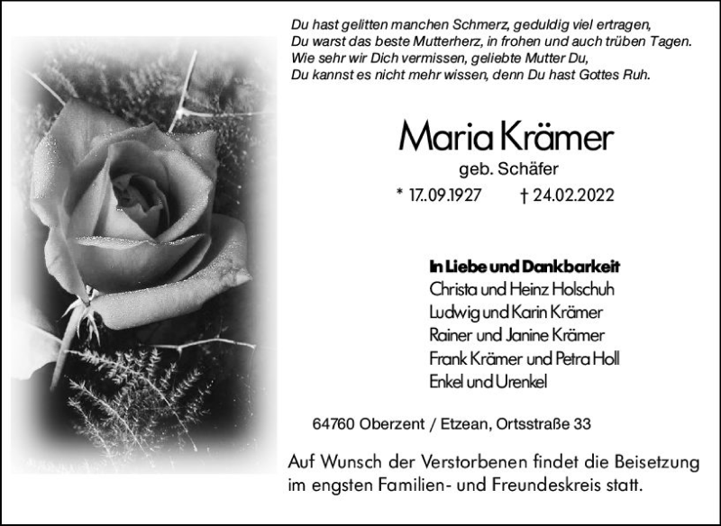  Traueranzeige für Maria Krämer vom 26.02.2022 aus vrm-trauer Odenwälder Echo