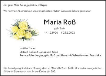 Traueranzeige von Maria Roß von vrm-trauer Darmstädter Echo