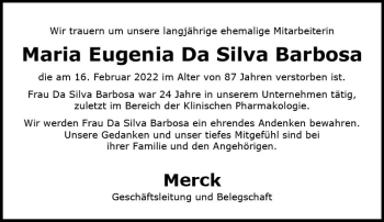 Traueranzeige von Maria Eugenia Da Silva Barbosa von vrm-trauer Darmstädter Echo