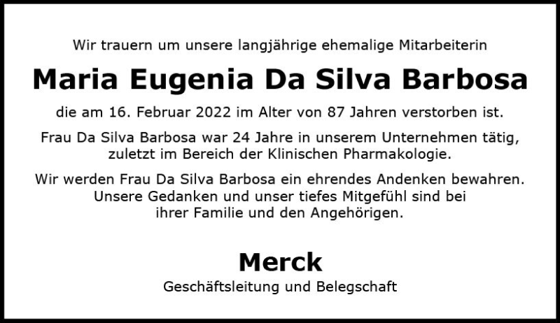 Traueranzeige für Maria Eugenia Da Silva Barbosa vom 25.02.2022 aus vrm-trauer Darmstädter Echo