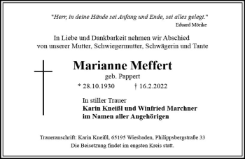Traueranzeige von Marianne Meffert von vrm-trauer Wiesbadener Kurier