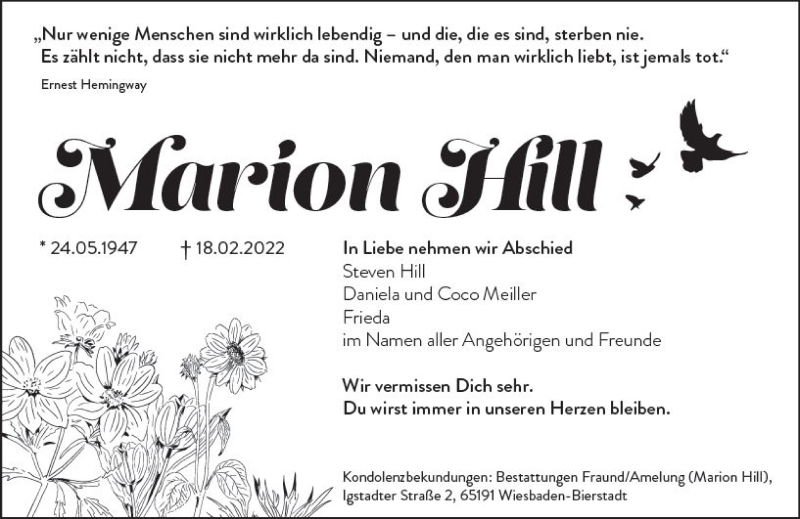  Traueranzeige für Marion Hill vom 26.02.2022 aus vrm-trauer Wiesbadener Kurier