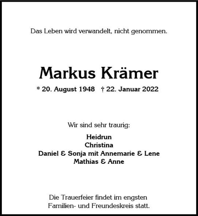  Traueranzeige für Markus Krämer vom 05.02.2022 aus vrm-trauer Wiesbadener Kurier