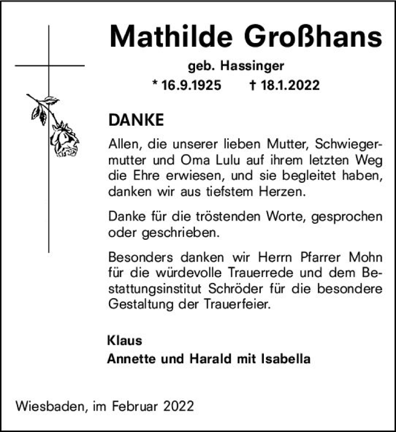  Traueranzeige für Mathilde Großhans vom 12.02.2022 aus vrm-trauer Wiesbadener Kurier