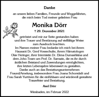 Traueranzeige von Monika Dörr von vrm-trauer Wiesbadener Kurier