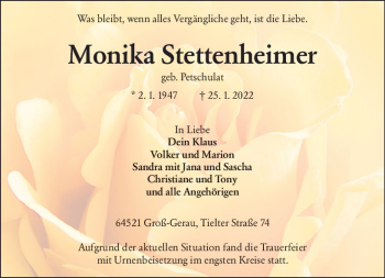 Traueranzeige von Monika Stettenheimer von vrm-trauer Groß-Gerauer Echo