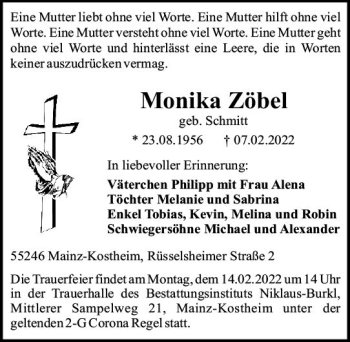 Traueranzeige von Monika Zöbel von vrm-trauer AZ Mainz
