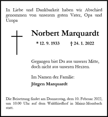Traueranzeige von Norbert Marquardt von vrm-trauer AZ Mainz