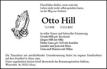 Traueranzeige von Otto Hill von vrm-trauer Allgemeine Zeitung Alzey