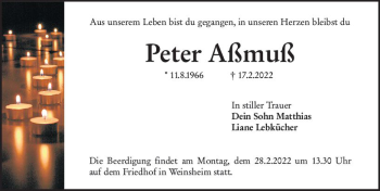 Traueranzeige von Peter Aßmuß von vrm-trauer Wormser Zeitung