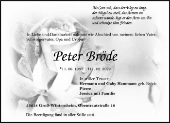 Traueranzeige von Peter Bröde von vrm-trauer Allgemeine  Zeitung Ingelheim-Bingen