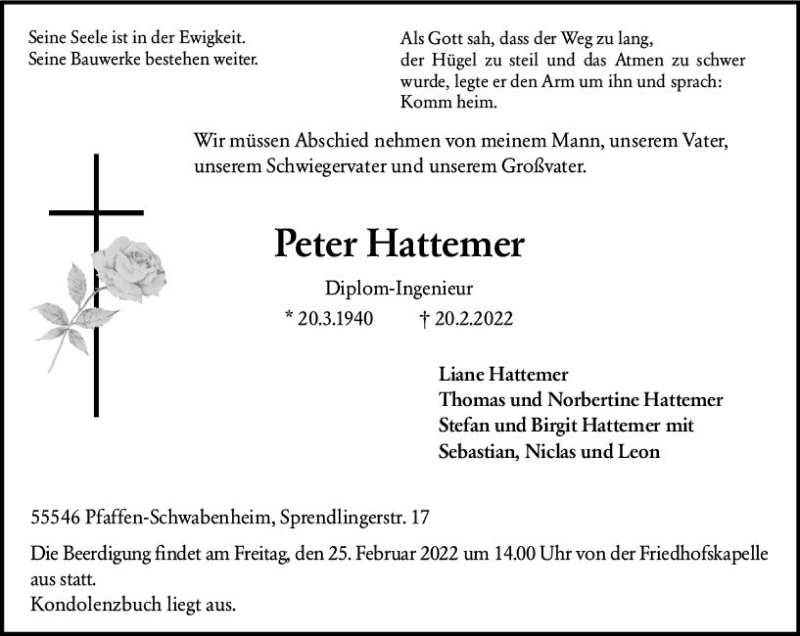  Traueranzeige für Peter Hattemer vom 23.02.2022 aus vrm-trauer Allg. Zeitung Bad Kreuznach