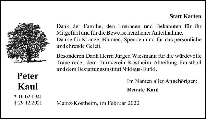  Traueranzeige für Peter Kaul vom 02.02.2022 aus vrm-trauer AZ Mainz