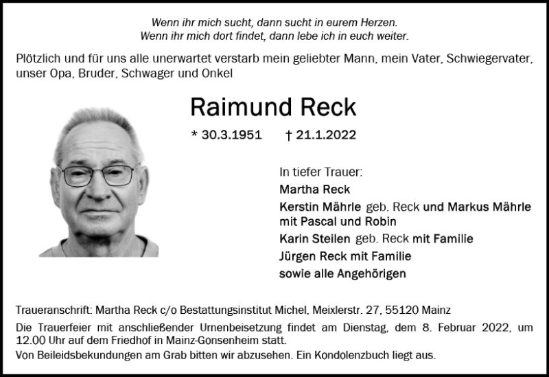  Traueranzeige für Raimund Reck vom 05.02.2022 aus vrm-trauer Allgemeine  Zeitung Ingelheim-Bingen