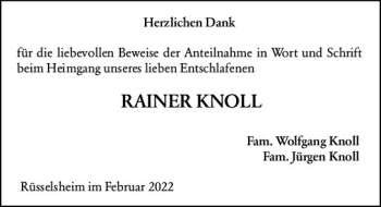 Traueranzeige von Rainer Knoll von vrm-trauer Rüsselsheimer Echo / MainSpitze