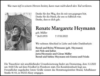 Traueranzeige von Renate Margarete Heymann von vrm-trauer Allgemeine Zeitung Alzey