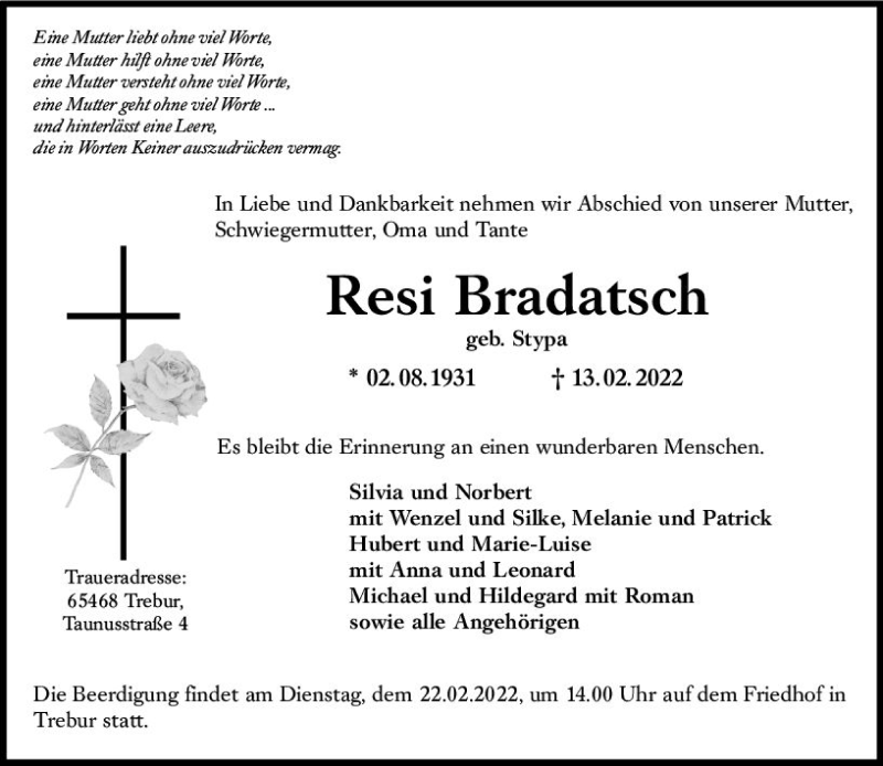  Traueranzeige für Resi Bradatsch vom 19.02.2022 aus vrm-trauer Rüsselsheimer Echo / MainSpitze