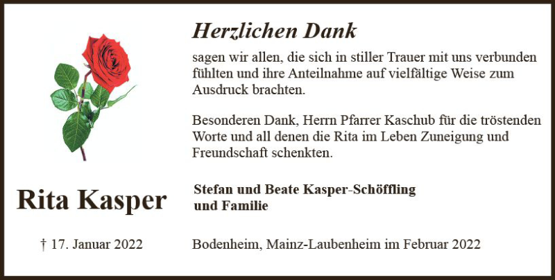  Traueranzeige für Rita Kasper vom 12.02.2022 aus vrm-trauer AZ Mainz