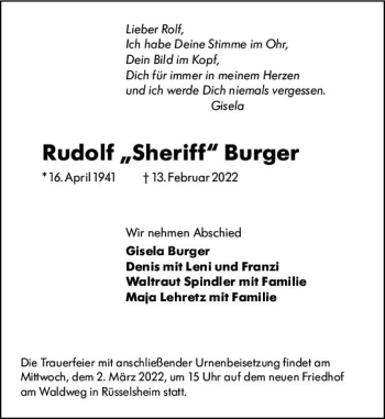 Traueranzeige von Rudolf  Burger von vrm-trauer Rüsselsheimer Echo / MainSpitze