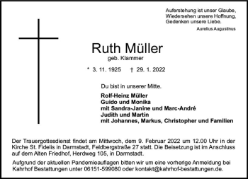 Traueranzeige von Ruth Müller von vrm-trauer Darmstädter Echo