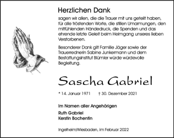Traueranzeige von Sascha Gabriel von vrm-trauer Wiesbadener Kurier