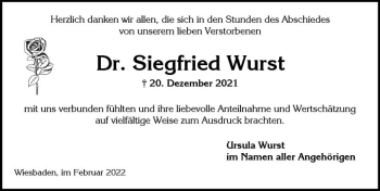 Traueranzeige von Siegfried Wurst von vrm-trauer Wiesbadener Kurier