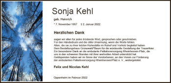 Traueranzeige von Sonja Kehl von vrm-trauer AZ Mainz