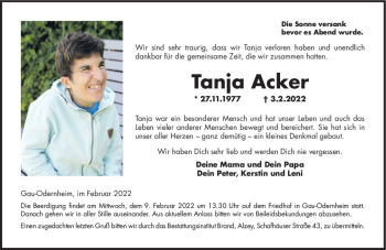 Traueranzeige von Tanja Acker von vrm-trauer Allgemeine Zeitung Alzey