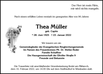 Traueranzeige von Thea Müller von vrm-trauer Wiesbadener Kurier