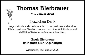 Traueranzeige von Thomas Bierbrauer von vrm-trauer Wiesbadener Kurier