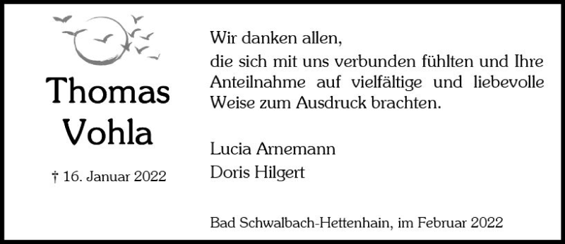  Traueranzeige für Thomas Vohla vom 12.02.2022 aus vrm-trauer Wiesbadener Kurier