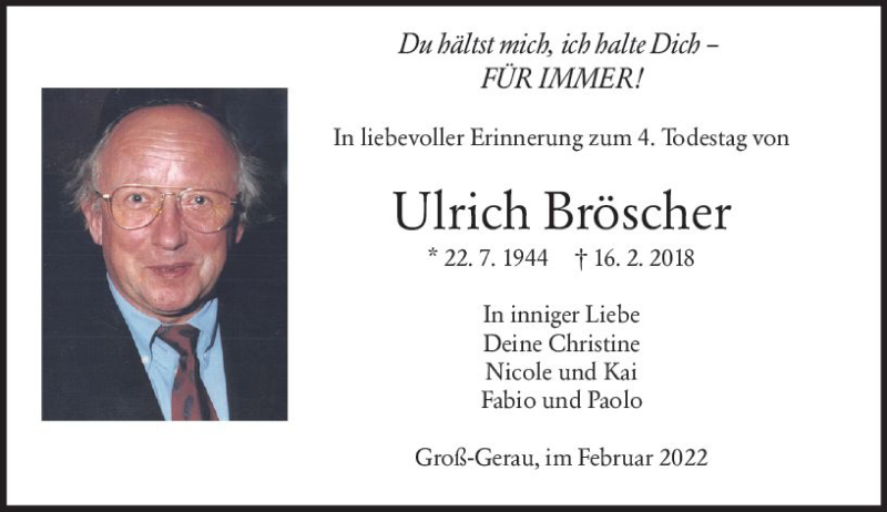  Traueranzeige für Ulrich Bröscher vom 16.02.2022 aus vrm-trauer Groß-Gerauer Echo
