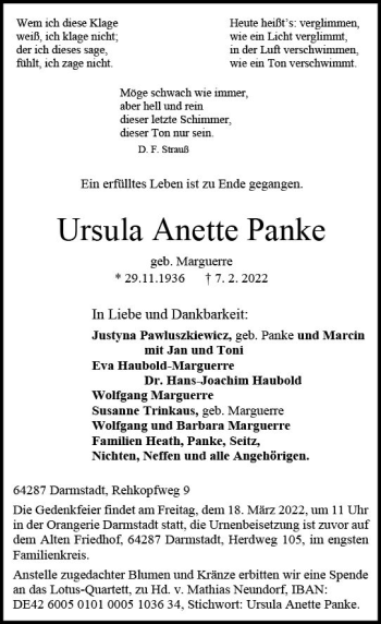 Traueranzeige von Ursula Anette Panke von vrm-trauer Darmstädter Echo