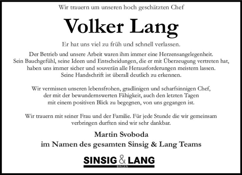  Traueranzeige für Volker Lang vom 05.02.2022 aus vrm-trauer Allgemeine  Zeitung Ingelheim-Bingen
