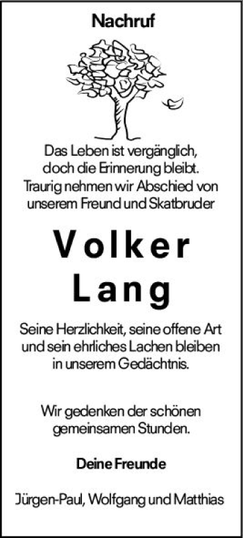 Traueranzeige von Volker Lang von vrm-trauer Allgemeine  Zeitung Ingelheim-Bingen