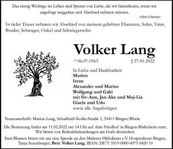 Traueranzeige von Volker Lang von vrm-trauer Allgemeine  Zeitung Ingelheim-Bingen
